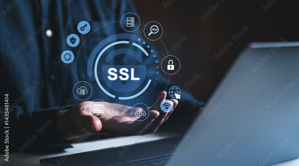 Poster ssl security certification concept above hands with digital icons on dark background.