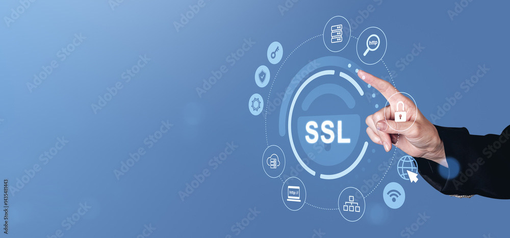 Poster ssl security concept with hand pointing to digital lock icon on blue background.