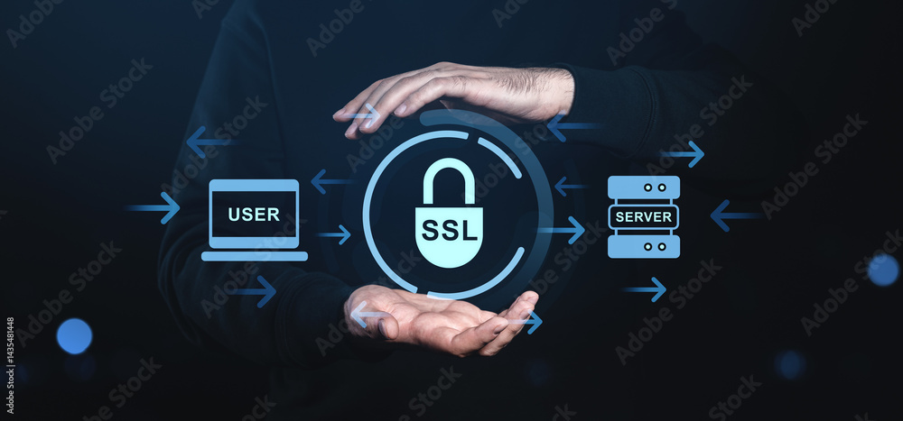 Poster ssl security concept with user-server connection and lock icon on dark background.