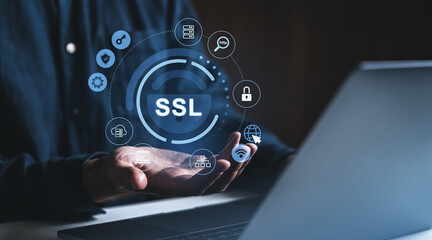 SSL security certification concept above hands with digital icons on dark background.