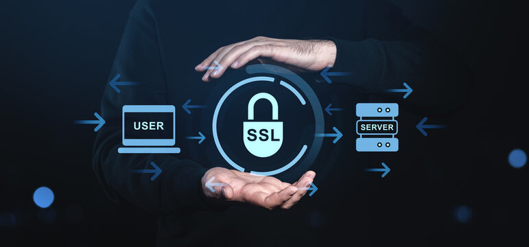 SSL security concept with user-server connection and lock icon on dark background.