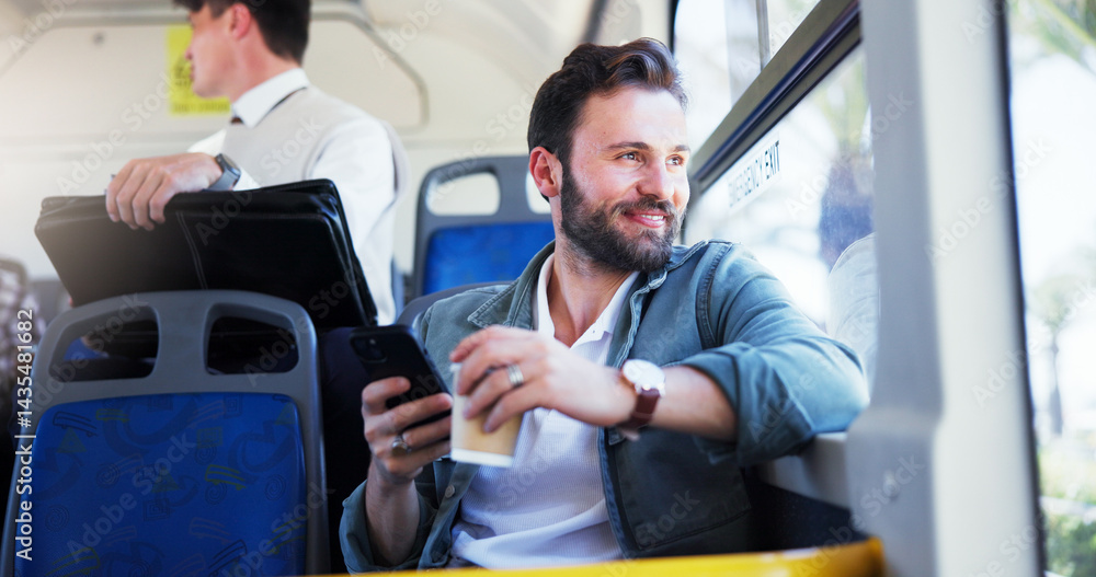 Poster coffee, phone and thinking with businessman on bus for public transportation to work destination. id