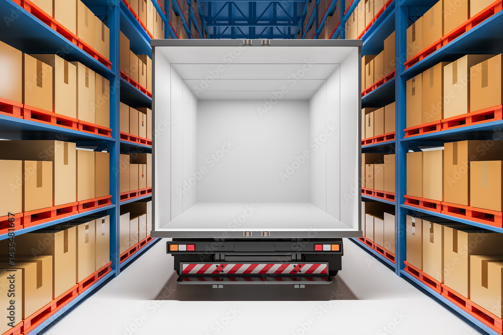 Poster empty cargo truck backed into warehouse aisle surrounded by pallet racks with cardboard boxes, ready