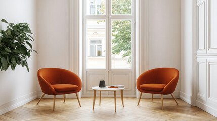 Serene Interior Harmony: An inviting interior scene with two cozy orange chairs, a small table, and natural light, creating a sense of warmth and tranquility. 