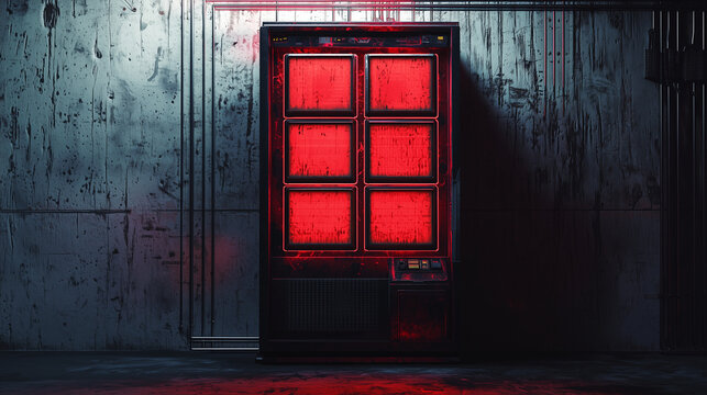 Glowing red vending machine with six panels in a moody industrial sci-fi setting, lit by dramatic ambient lighting