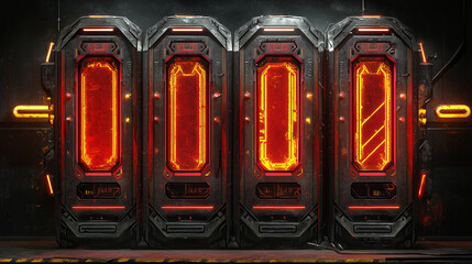 Four glowing red futuristic cryo pods in a dark metallic sci fi chamber with industrial detailing and ominous atmosphere.