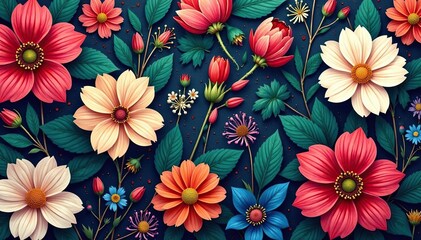 Intricate floral pattern, vibrant hues, lush blooms, texture, fabric