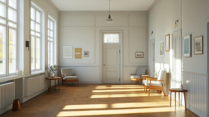 Fototapeta premium Sunlit Hallway: A bright and airy hallway bathed in sunlight, featuring hardwood floors, large windows, and comfortable armchairs. The space exudes a sense of calm and tranquility.