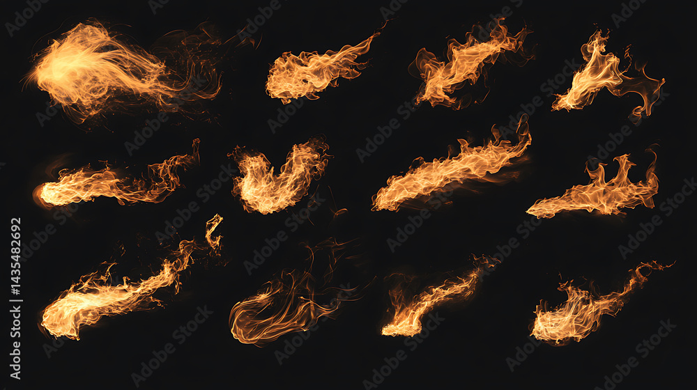 Poster collection of twelve dynamic fire flames isolated on black background for digital compositing and sp