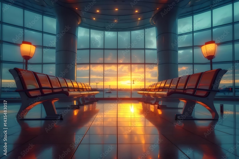 Aufkleber 空港ロビーの夕焼け時の光景 窓越しに見えるオレンジ色の空と椅子のシルエット 建築デザインと旅行テーマ