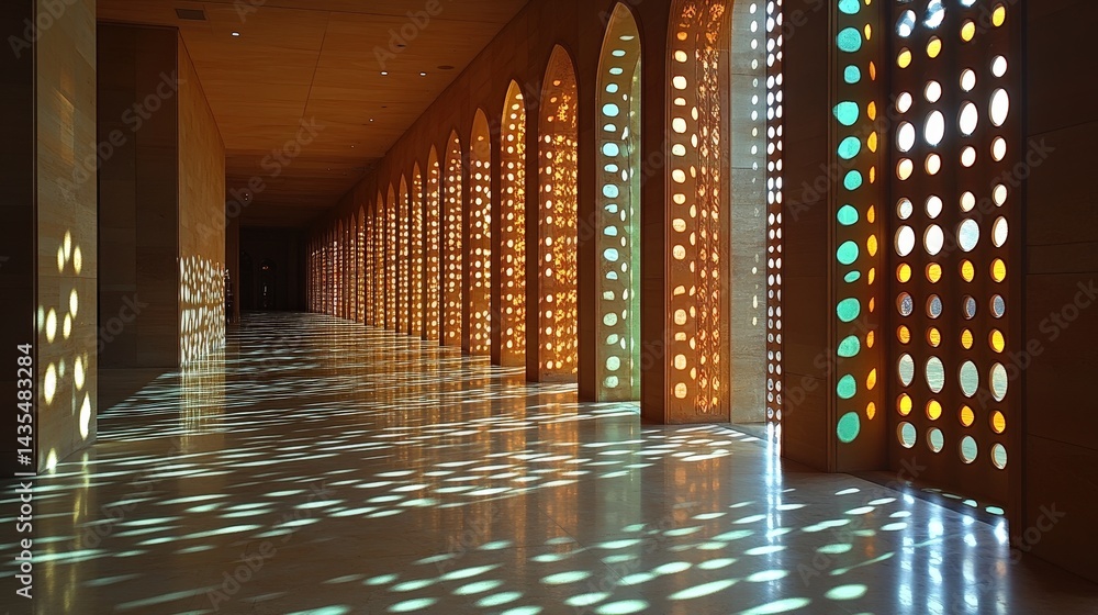Poster interior architectural design with patterned light filtering walls.