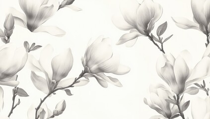 Monochrome magnolia blossoms and branches on white background