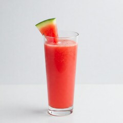 Minimalist Watermelon Juice in Tall Glass with Triangle Fruit Garnish on White