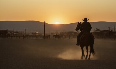 Naklejka premium A rider on horseback in a dry, arid landscape, with dust and dirt surrounding them