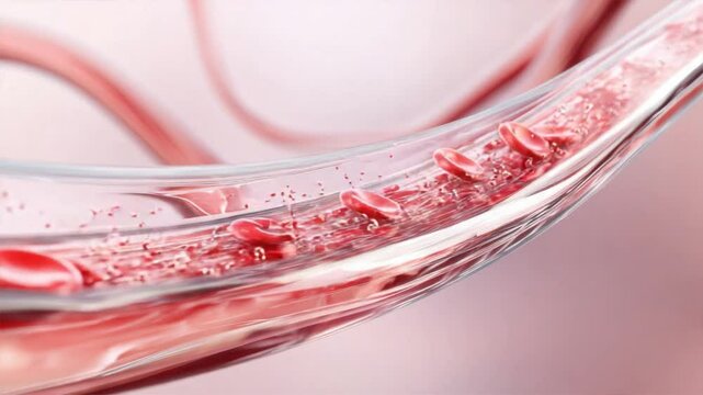 Curved blood vessel filled with red blood cells flowing inside, transporting oxygen and hemoglobin that support body energy and healthy function