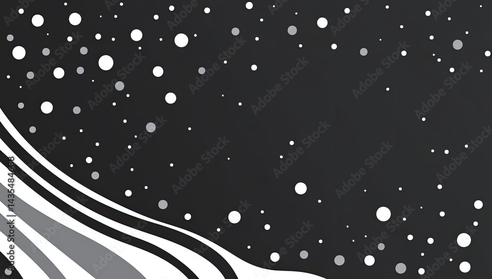 Poster abstract grayscale waves and scattered dots on dark background
