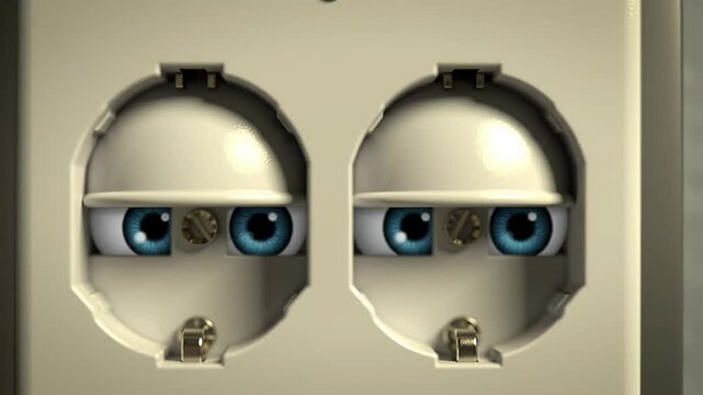 Animated Eyes Looking From Inside Double Electrical Wall Power Socket Outlet