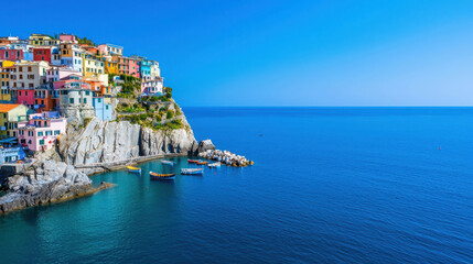 Naklejka premium Colorful Houses on Cliffs Overlooking Calm Blue Sea in Coastal Town under Clear Sky