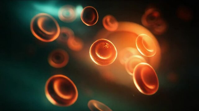 Red blood cells moving in dark bloodstream, showing oxygen transport by hemoglobin inside veins and arteries to give the body energy and life