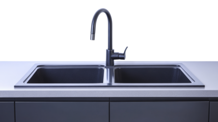 Modern kitchen sink with dual basins on transparent background