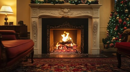 A Warm Fire Burns Beside a Decorated Christmas Tree Scene