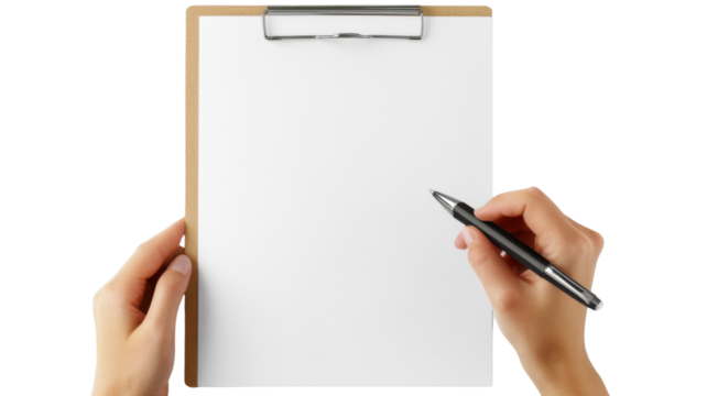 Hands holding clipboard and pen, starting to write on transparent background