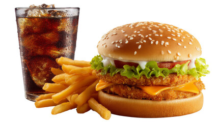 Crispy chicken burger served with french fries and iced cola on transparent background
