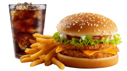 Crispy chicken burger served with french fries and iced cola on transparent background