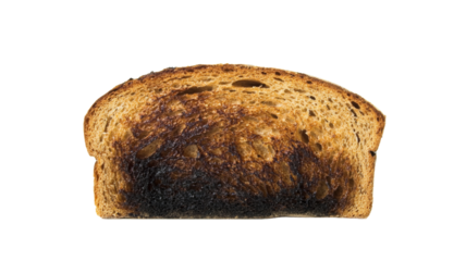 Slice of burnt toast on transparent background representing overcooked food