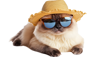 Himalayan cat wearing sunglasses and summer hat on transparent background
