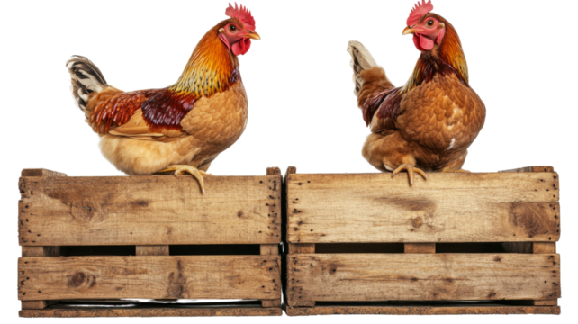 Two chickens standing on wooden crates with transparent background