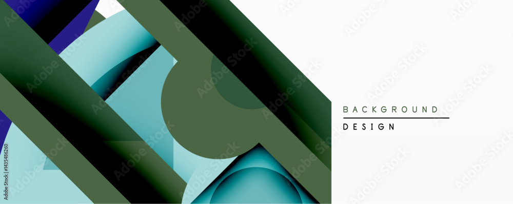 Poster abstract geometric composition. overlapping shapes create layered effect. cool greens, blues dominat