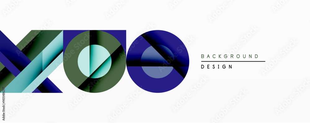 Poster abstract geometric shapes create dynamic composition. blue, green hues dominate design. minimalist s