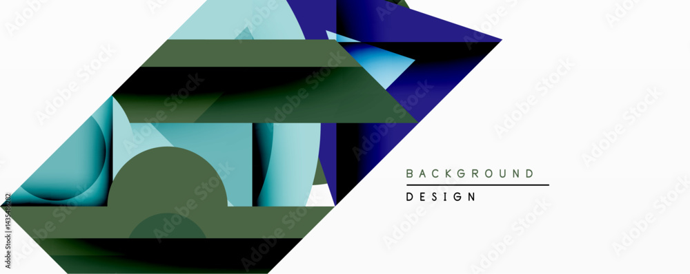 Poster abstract geometric composition. overlapping shapes create dynamic visual effect. blue, teal, dark gr
