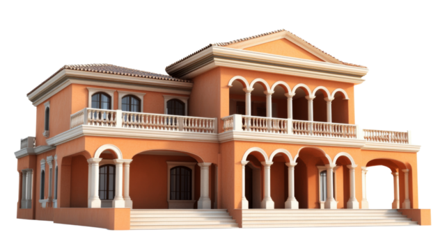 Big orange mediterranean house with columns and balustrade on transparent background