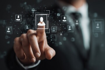 Businessman Selecting a Profile on a Digital Interface Dark Background