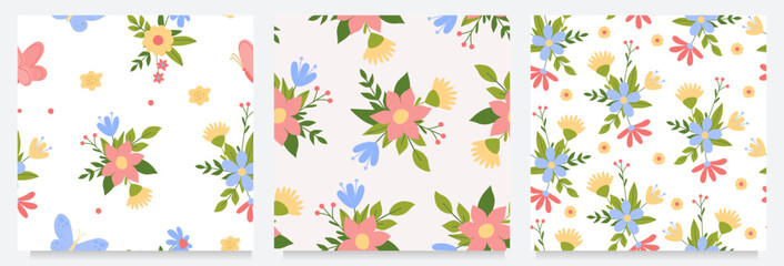 Set with seamless floral patterns with butterfly. Collection of kids cute prints for textile wrapping scrap paper. Simple bright vector illustration