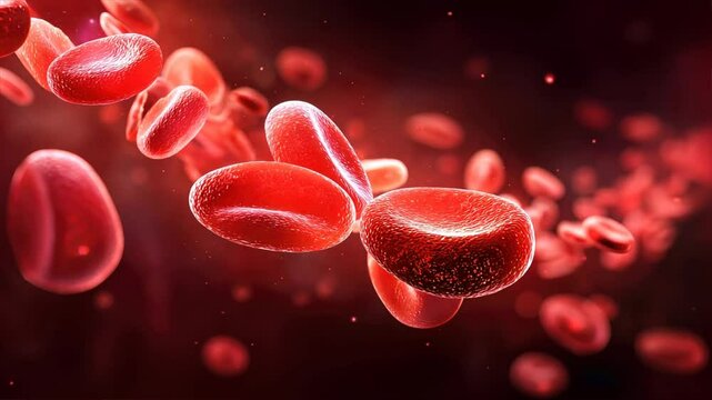 Stylized red blood cells moving on bright red background, symbolizing oxygen flow, hemoglobin function, and body energy boost