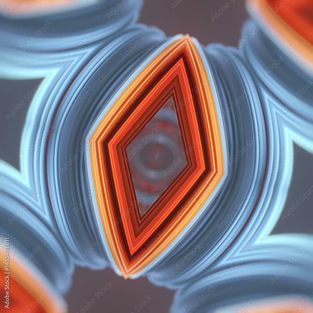 Aufkleber Dynamic digital illustration with undulating symmetrical elements. Shimmering orange and blue gradients add softness. Futuristic minimalist style. 3d rendering
