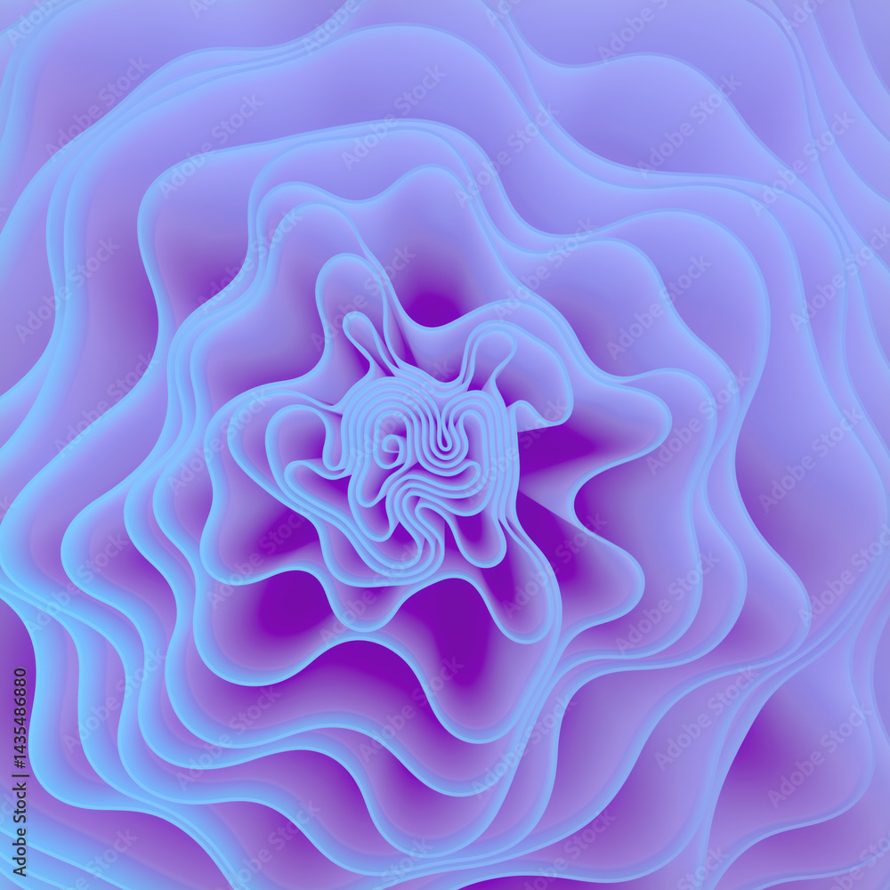 Poster Digital illustration of an abstract wavy pattern reminiscent of the smooth curves of fabric. The color palette consists of soft gradients of blue and purple. Futuristic style. 3d rendering