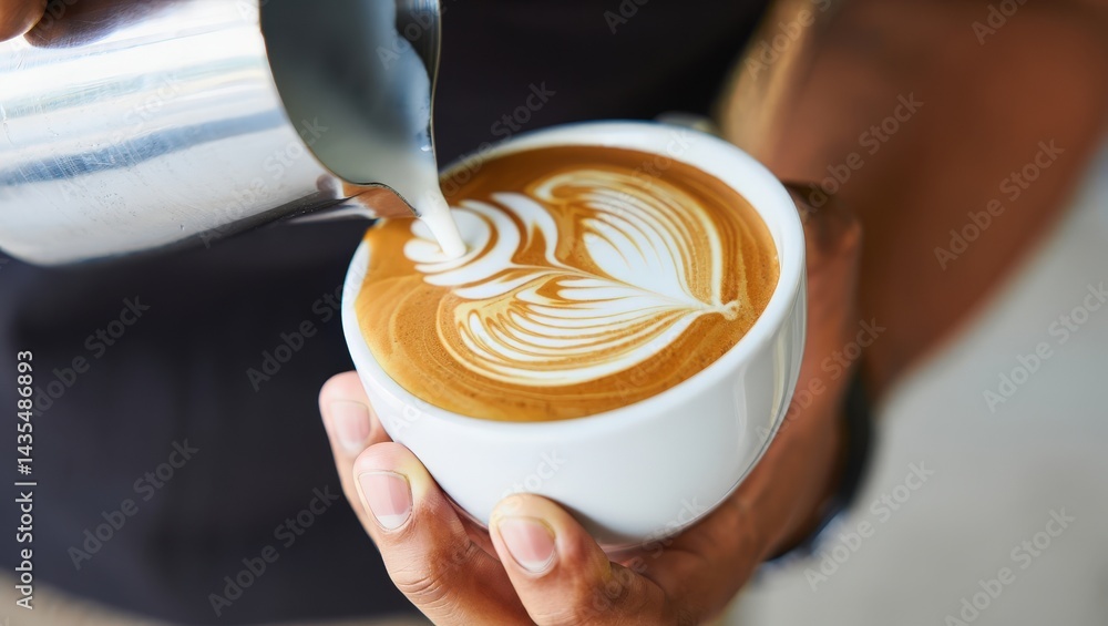 Poster a person pouring coffee from a silver pitcher into a white cup with latte art on the surface of the 
