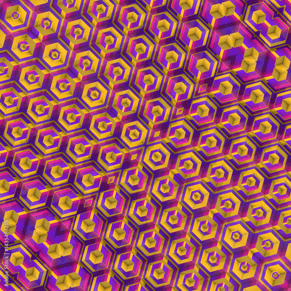 Poster energetic pattern of cubic shapes with symmetry. the contrast of yellow, purple and pink creates a h