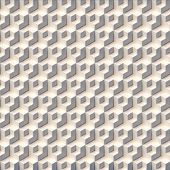 Digital illustration of an abstract geometric pattern from a grid of cubic shapes. Orthogonal projection. Neutral gray and beige tones. 3d rendering