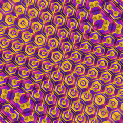 Energetic pattern of cubic shapes with symmetry. The contrast of yellow, purple and pink creates a hypnotic effect. 3d rendering digital illustration