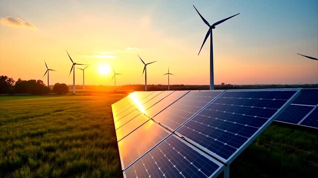 Wind Turbine at Sunset, Renewable Sustainable Energy, Solar Panels
