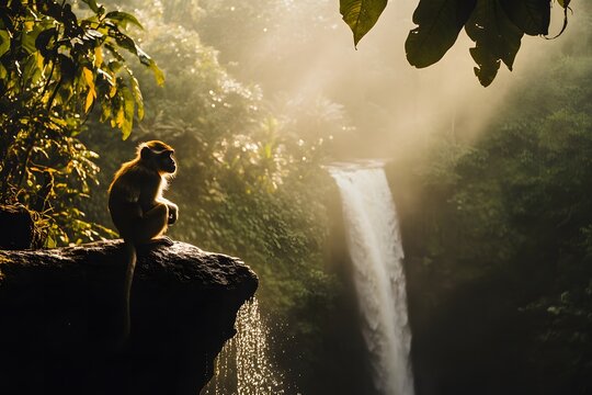 Monkey perched on rock overlooking waterfall in lush green jungle with bright sun rays shining through