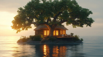 Cozy Tree-Embraced Wooden House on Rock Island at Sunset