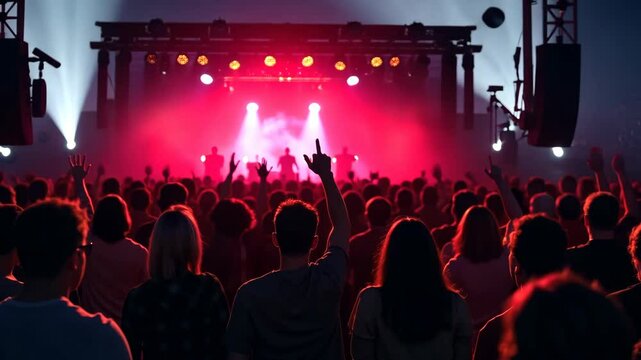 crowd enjoying a live concert with vibrant stage lights in a music venue, fuck, zoon out