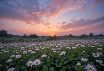 field of flowers at sunset