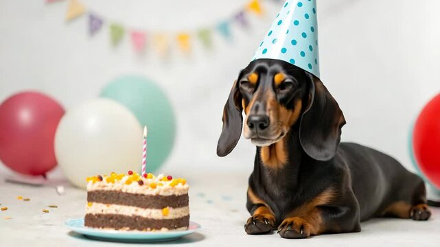 Playful dachshund celebrates birthday with cake and colorful decorations in festive scene.